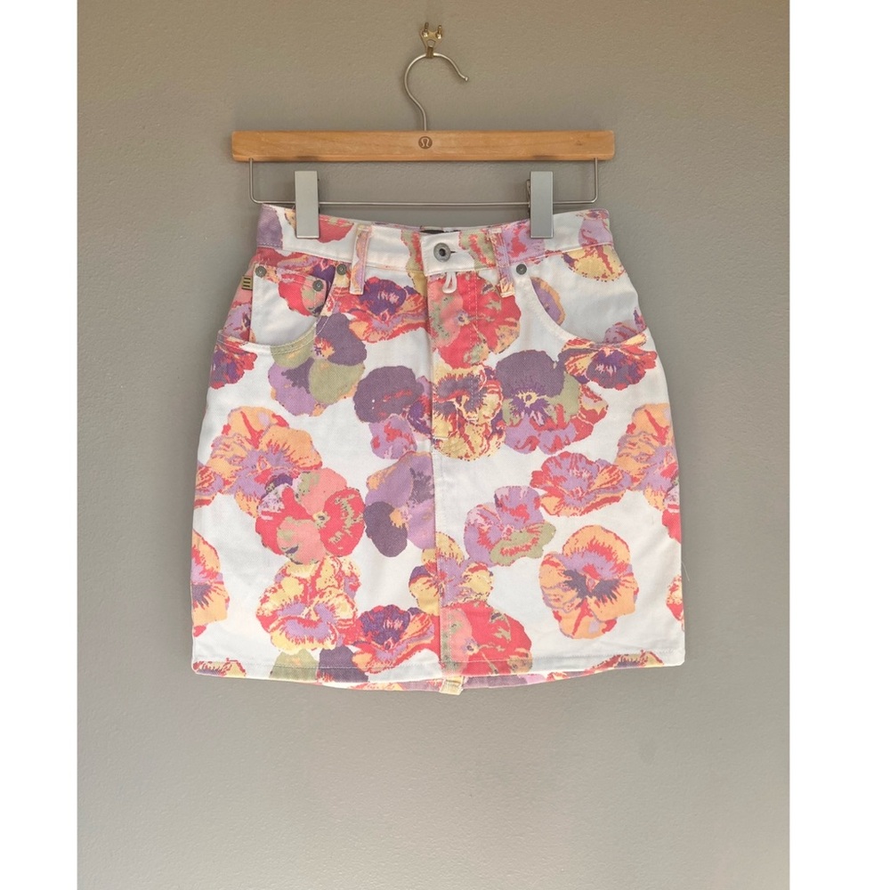 VINTAGE ESPRIT Jeans Floral White Denim High Rise Mini Skirt